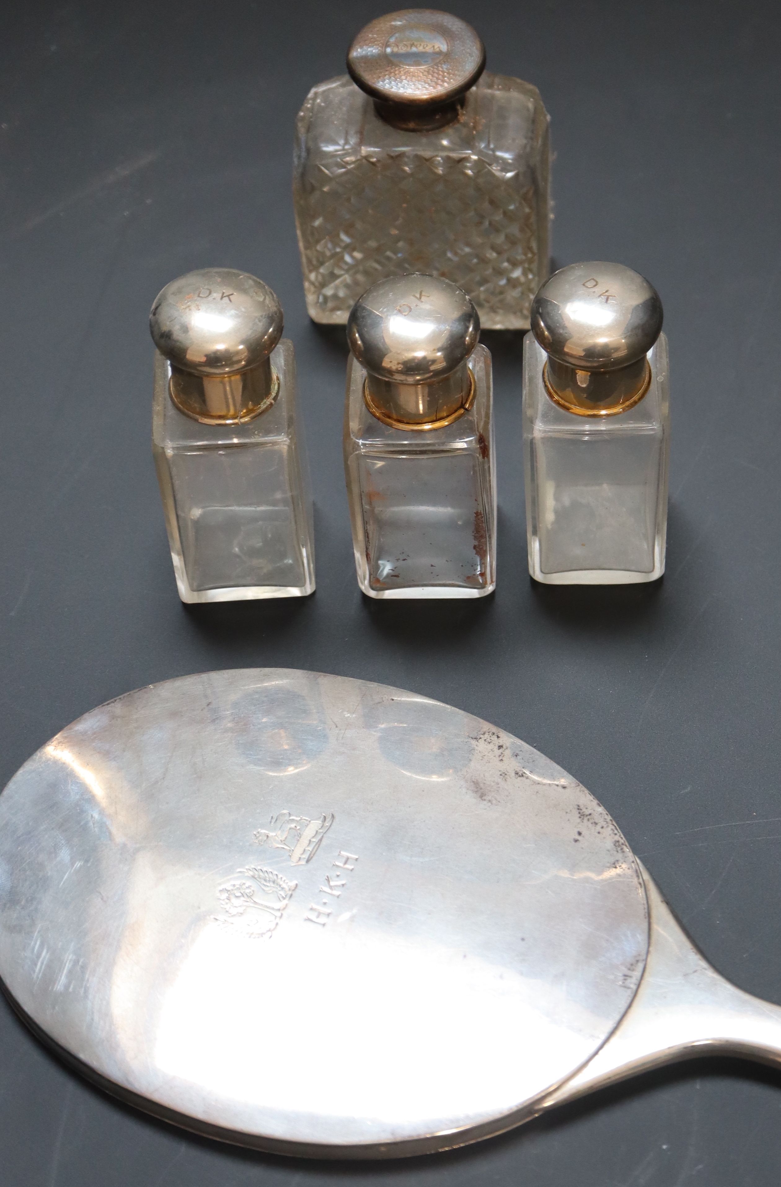 A matched 15 piece silver mounted toilet set etc.